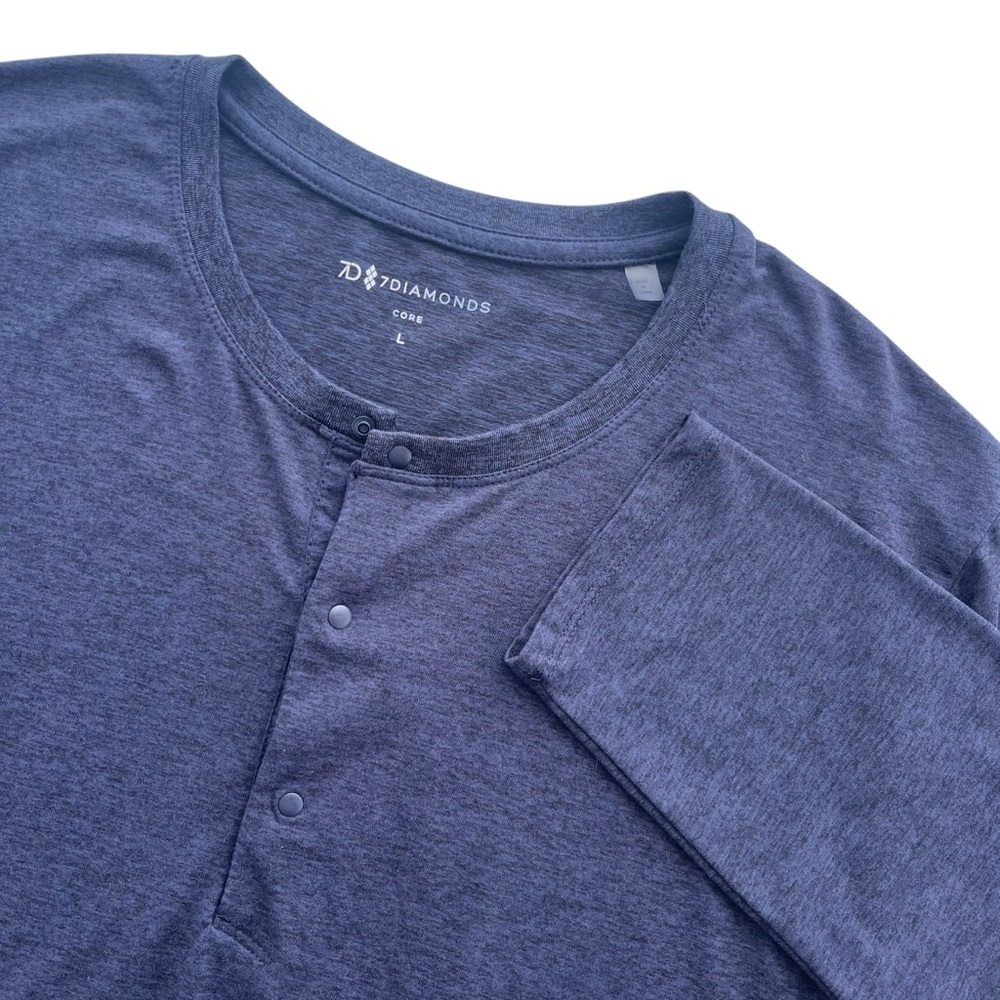7 Diamonds Men L Blue Heather Core Henley Performance Long Sleeve Athletic Shirt